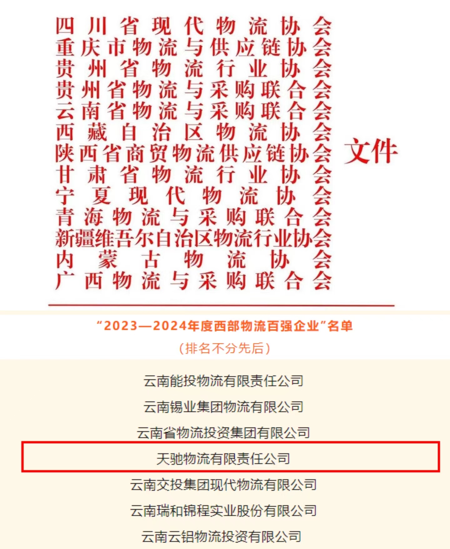 云天化天馳物流榮獲“2023—2024年度西部物流百強企業(yè)”稱號