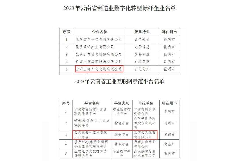 祝賀！云天化集團(tuán)兩家企業(yè)入選云南省2023年數(shù)字化轉(zhuǎn)型標(biāo)桿示范名單